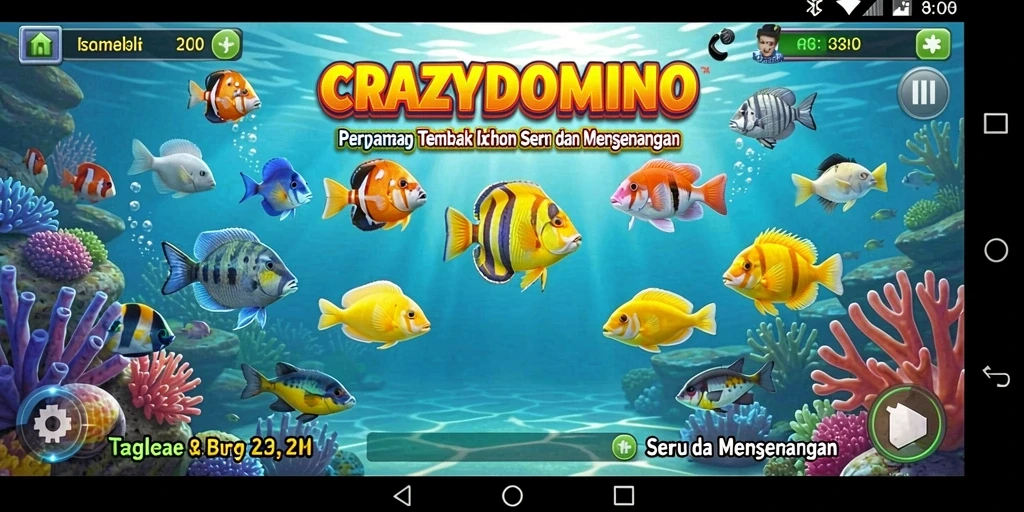 Screenshot utama CRAZYDOMINO menunjukkan aksi menembak ikan yang mendebarkan.