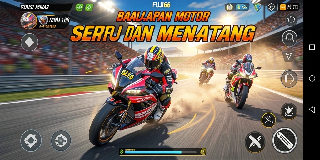 Tampilan gameplay seru FUJI66 saat balapan motor.