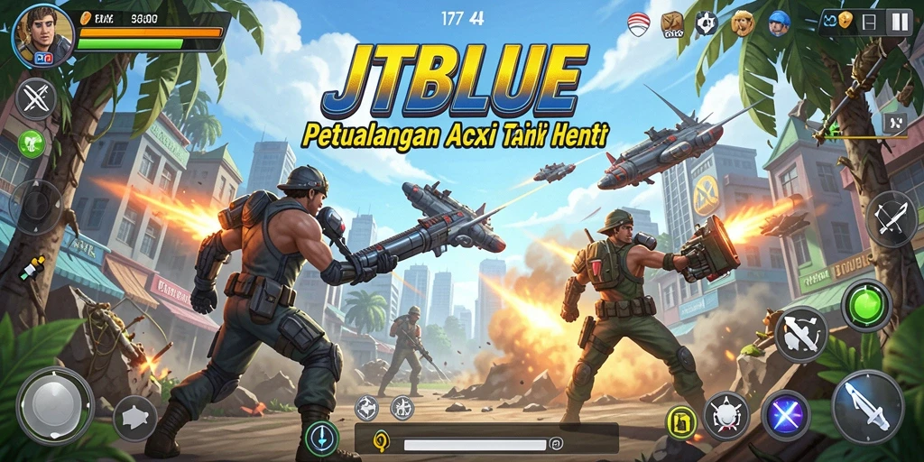 Tampilan gameplay JTBLUE dengan aksi mendebarkan dan karakter unik.