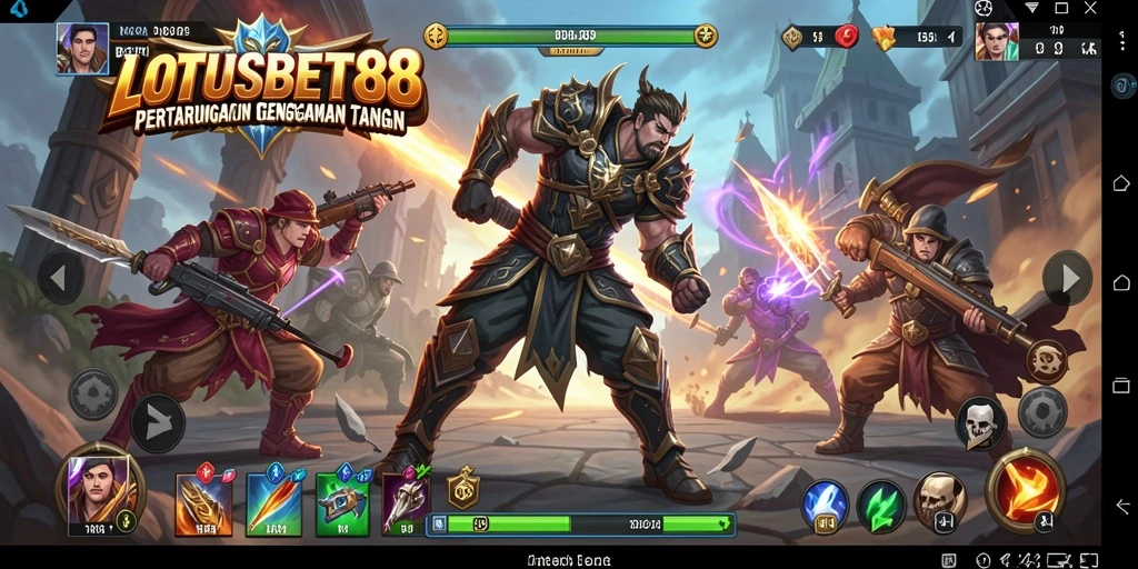 Tangkapan layar gameplay LOTUSBET88 yang menampilkan pertarungan seru dan karakter beragam.
