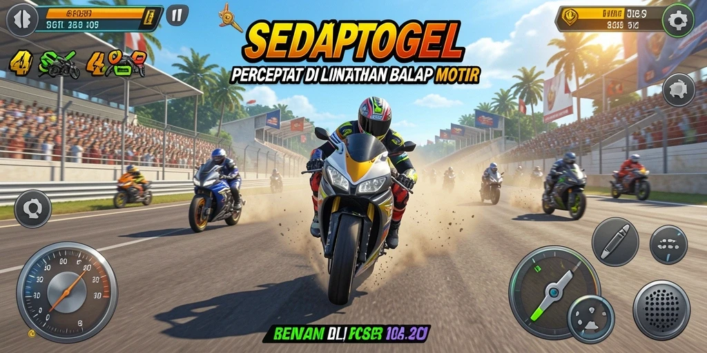 Tampilan seru gameplay SEDAPTOGEL dalam balap motor.