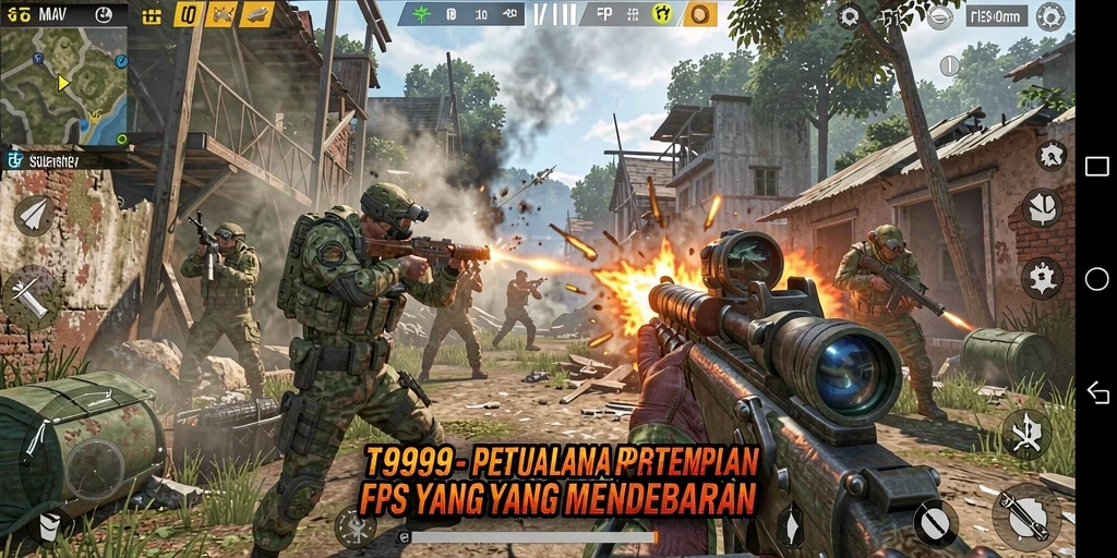 Screenshot menampilkan aksi seru dalam gameplay FPS T9999.