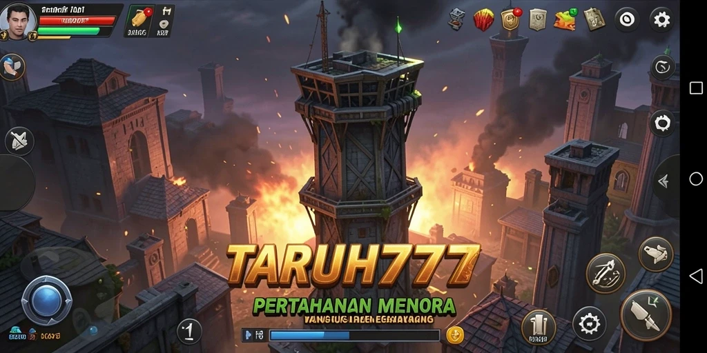 Screenshot gameplay <strong>TARUH777</strong> menunjukkan pertahanan menara yang strategis.